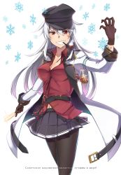 Rule 34 | 1girl, belt, belt buckle, between breasts, black pantyhose, black skirt, breasts, brown gloves, buckle, cleavage, commentary request, food, gangut (kancolle), gangut dva (kancolle), gloves, grey hair, grin, hair between eyes, hat, highres, holding, holding food, ido (teketeke), jacket, kantai collection, long hair, long sleeves, miniskirt, pantyhose, peaked cap, pipe in mouth, pleated skirt, popsicle, red eyes, red shirt, russian text, scar, shirt, skirt, smile, smoke, smoking, smoking pipe, solo, strap between breasts, translated, white jacket