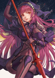Rule 34 | 1girl, armor, bodysuit, breasts, covered navel, covered erect nipples, fate/grand order, fate (series), gae bolg (fate), hat, holding, holding weapon, large breasts, licking lips, long hair, looking at viewer, pauldrons, polearm, purple bodysuit, purple hair, red eyes, scathach (fate), scathach (fate), shoulder armor, solo, tongue, tongue out, very long hair, weapon, yunsang