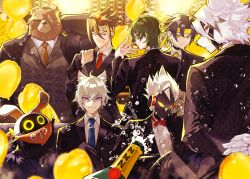 6+boys adjusting_eyewear ahoge amaneryuusei animal_ears anton_ivanov asaba_harumasa balloon bandana bandana_around_neck bangboo_(zenless_zone_zero) bear bear_boy bear_ears ben_bigger billy_kid black_choker black_hair black_jacket black_suit blue_necktie bow bowtie brown_fur brown_necktie cat_boy cat_ears champagne_bottle choker collared_shirt cyborg eous_(zenless_zone_zero) formal_clothes furry furry_male green_hair headband heart_balloon humanoid_robot jacket lighter_(zenless_zone_zero) looking_at_viewer male_focus multicolored_hair multiple_boys muzzle_(mask) necktie notched_ear orange_bandana parted_bangs purple_eyes red_bow red_bowtie red_necktie red_streaks robot scar scar_across_eye seth_lowell shirt smile spiked_hair streaked_hair striped_headband suit suit_jacket sunglasses von_lycaon white_fur white_hair wolf_boy wolf_ears yellow_headband yellow_necktie zenless_zone_zero