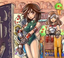 Rule 34 | !, 2boys, 2girls, :d, adelbert steiner, alexandrian soldier, alexandrian soldier (cosplay), bare shoulders, beatrix, blonde hair, blue eyes, breasts, brown hair, clothes, cosplay, covered navel, curly hair, door, dressing, elbow gloves, eyebrows, eyepatch, final fantasy, final fantasy ix, flower, garnet til alexandros xvii, gauntlets, gloves, heart, helmet, legs together, leotard, long hair, medium breasts, monkey tail, moogle, multiple boys, multiple girls, oomasa teikoku, open door, open mouth, peeking out, plant, potted plant, red eyes, red gloves, sheath, sheathed, short hair, skin tight, sleeveless, smile, square enix, standing, sword, tail, tongue, turtleneck, weapon, window, zidane tribal