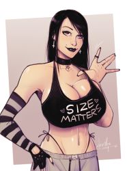 Rule 34 | 1girl, abs, black hair, bra, breasts, bursting breasts, cleavage, collar, devilhs, earrings, jewelry, large breasts, lipstick, long hair, makeup, midriff, nail polish, navel, ring, simple background, smile, solo, underwear