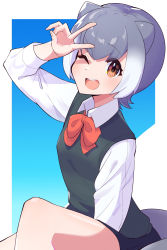 Rule 34 | 1girl, ;d, alternate costume, animal ears, bad id, bad pixiv id, black skirt, black sweater, blue background, bow, bowtie, brown eyes, commentary, dress shirt, gradient hair, grey hair, highres, kemono friends, looking at viewer, miniskirt, multicolored hair, one eye closed, open mouth, otter ears, outside border, red bow, red bowtie, school uniform, shirt, short hair, sitting, skirt, small-clawed otter (kemono friends), smile, solo, sweater, sweater vest, takom, v, white hair, white shirt