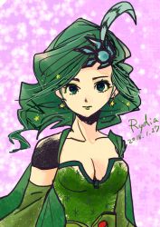 Rule 34 | 1girl, breasts, cape, cleavage, commentary request, dress, earrings, final fantasy, final fantasy iv, green eyes, green hair, hair ornament, jewelry, long hair, looking at viewer, aged up, rydia (ff4), solo, yadoso