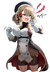 Rule 34 | 1girl, anger vein, angry, azur lane, beret, bike shorts, black hat, blonde hair, blue eyes, bow, breasts, buttons, clenched hand, commentary request, cowboy shot, cross, detached sleeves, double-breasted, fang, gloves, hair bow, hat, hey taisyou, highres, iron cross, large breasts, open mouth, simple background, skin fang, solo, standing, v-shaped eyebrows, white background, white gloves, z23 (azur lane)