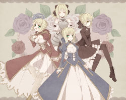 Rule 34 | 10s, 4girls, ahoge, armor, armored dress, artoria pendragon (all), artoria pendragon (fate), bare shoulders, blonde hair, blue flower, blue rose, boots, bow, breasts, capcom, cleavage, cleavage cutout, clothing cutout, detached sleeves, dress, closed eyes, fate/extra, fate/stay night, fate/unlimited codes, fate (series), faulds, flower, frills, greaves, green eyes, hair bow, juliet sleeves, long sleeves, md5 mismatch, multiple girls, multiple persona, nero claudius (fate), nero claudius (fate) (all), nero claudius (fate/extra), official alternate costume, pantyhose, puffy sleeves, purple flower, purple rose, red flower, red rose, rose, saber (fate), saber alter, saber lily, see-through, xxmlkxx, yellow eyes