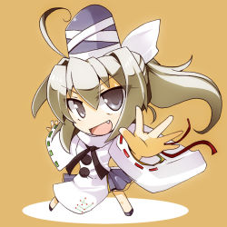 Rule 34 | 1girl, ahoge, fang, female focus, grey eyes, grey hair, hat, japanese clothes, mononobe no futo, open mouth, outstretched arms, ponytail, shirogane (platinum), simple background, skirt, smile, solo, tate eboshi, touhou, wide sleeves