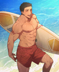 Rule 34 | 1boy, abs, absurdres, bara, black hair, closed eyes, day, highres, holding, holding surfboard, large pectorals, male focus, male swimwear, muscular, muscular male, nachos (chos na), navel, nipples, open mouth, original, outdoors, pectorals, red male swimwear, short hair, smile, solo, surfboard, water, wet, wet clothes