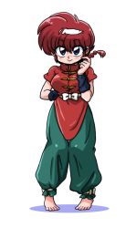 Rule 34 | 1girl, barefoot, blue eyes, blush, closed mouth, feet, genderswap, genderswap (mtf), ranma-chan, ranma 1/2, red hair, saotome ranma, short hair, simple background, smile, solo, toes, wanta (futoshi), white background