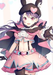 Rule 34 | 1girl, :d, animal ears, bad id, bad pixiv id, bare shoulders, black hat, breasts, brown gloves, brown thighhighs, cape, chariot.f, cowboy shot, crop top, fake animal ears, frilled cuffs, frilled skirt, frills, gloves, hat, heart, impossible clothes, impossible shirt, long hair, looking at viewer, medium breasts, midriff, miniskirt, navel, open mouth, outstretched hand, pink cape, pink eyes, pink shirt, pink skirt, purple hair, shirt, skirt, smile, solo, stomach, suspenders, thighhighs, vocaloid, wrist cuffs, xin hua, zettai ryouiki