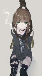 Rule 34 | 1boy, asymmetrical legwear, blunt bangs, blunt ends, brown hair, cigarette, closed mouth, green eyes, gretel (sinoalice), grey background, legband, long sleeves, looking at viewer, male focus, mask, mouth mask, noose, shirt, sigatu r, simple background, sinoalice, smoke, smoking, surgical mask, t-shirt, thighhighs, trap, zettai ryouiki