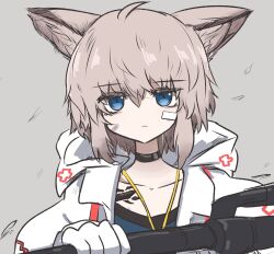 Rule 34 | 1girl, ahoge, animal ear fluff, animal ears, arknights, black choker, blue dress, blue eyes, brown hair, choker, collarbone, commentary request, dress, fox ears, gloves, grey background, hair between eyes, highres, holding, jacket, looking at viewer, material growth, oripathy lesion (arknights), roika, signature, simple background, solo, sussurro (arknights), upper body, white gloves, white jacket