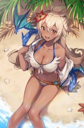 Rule 34 | 1girl, :d, bare legs, bare shoulders, beach, bikini, breasts, clam, cleavage, collarbone, creature, dark-skinned female, dark skin, dragon, flower, from above, front-tie bikini top, front-tie top, granblue fantasy, hair between eyes, hair flower, hair ornament, halterneck, large breasts, leaf, long hair, looking at viewer, nagu, navel, off shoulder, open clothes, open mouth, open shirt, red eyes, red flower, sand, shirt, silver hair, sitting, smile, solo, starfish, stomach, swimsuit, thighs, very long hair, water, white bikini, white shirt, wing collar, zooey (granblue fantasy), zooey (summer) (granblue fantasy)