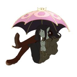 Rule 34 | adventure time, alternate costume, bite mark, black hair, boots, closed mouth, colored skin, commentary request, floating, frown, full body, grey skin, half-closed eyes, high heel boots, high heels, holding, holding umbrella, hood, hoodie, crossed legs, looking away, marceline abadeer, pointy ears, ponytail, raya (uk 0128), solo, umbrella, vampire