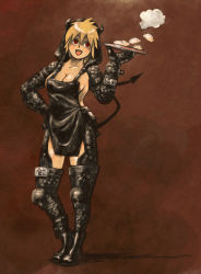 Rule 34 | 1girl, apron, blonde hair, breasts, cleavage, demon girl, demon tail, dorohedoro, dumpling, food, gloves, hand on own hip, holding, holding food, hood, horns, jiaozi, naked apron, nikaidou (dorohedoro), open mouth, otake bo, red eyes, smile, tail