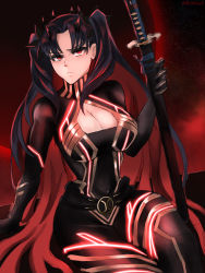Rule 34 | 1girl, absurdres, alternate breast size, arcsinge, belt, black belt, black bodysuit, black hair, bodysuit, breasts, cleavage, cleavage cutout, clothing cutout, fate/grand order, fate (series), frown, highres, holding, holding weapon, horns, ishtar (fate), katana, long hair, looking at viewer, medium breasts, multicolored hair, red background, red eyes, red hair, scabbard, sheath, sitting, space ishtar (fate), space ishtar (first ascension) (fate), sword, twintails, weapon