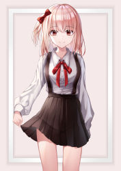 Rule 34 | 1girl, absurdres, aid!, black skirt, blonde hair, bow, closed mouth, collared shirt, dress shirt, hair between eyes, hair bow, highres, long hair, long sleeves, looking at viewer, miniskirt, neck ribbon, original, pleated skirt, red bow, red eyes, red ribbon, ribbon, shirt, side ponytail, skirt, skirt hold, smile, solo, standing, suspender skirt, suspenders, white shirt, wing collar