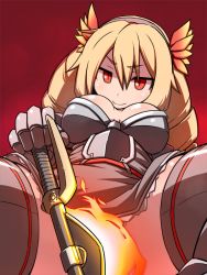 Rule 34 | 1girl, armor, axe, bad id, bad pixiv id, blonde hair, brave frontier, breasts, cleavage, covering privates, covering crotch, drill hair, female focus, gauntlets, hairband, hakika, large breasts, long hair, looking at viewer, miniskirt, red axe michele, red background, red eyes, sitting, skirt, slit pupils, smile, solo, weapon