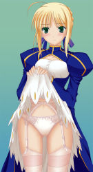 Rule 34 | 00s, 1girl, artoria pendragon (all), artoria pendragon (fate), blonde hair, blush, clothes lift, dress, dress lift, fate/stay night, fate (series), garter belt, green eyes, lace, lace-trimmed panties, lace trim, lingerie, panties, saber (fate), skirt, skirt lift, solo, thighhighs, underwear