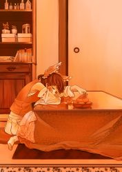 Rule 34 | 1girl, absurdres, alcohol, artist request, book, book stack, bottle, bow, box, brown hair, cabinet, carpet, commentary request, detached sleeves, door, drawer, closed eyes, food, frilled bow, frills, fruit, hair bow, hair tubes, hakurei reimu, hand on table, hand rest, head on table, highres, indoors, kotatsu, liquor, mandarin orange, midriff peek, pillow, plant, red bow, red shirt, reflection, rug, sarashi, shirt, sitting, socks, solo, table, touhou, vase, wall, wariza