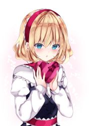 Rule 34 | 1girl, alice margatroid, bad id, bad pixiv id, black dress, blonde hair, blue eyes, blush, bow, box, dress, gift, gift box, hair between eyes, hairband, hands up, heart, heart-shaped pupils, highres, holding, holding gift, juliet sleeves, long sleeves, looking at viewer, nanase nao, parted lips, puffy sleeves, purple bow, red hairband, shirt, sleeveless, sleeveless dress, solo, symbol-shaped pupils, touhou, upper body, white shirt