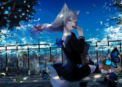 Rule 34 | 1girl, animal ear fluff, animal ears, bag, bench, black dress, black footwear, blue butterfly, blue sky, boots, bug, butterfly, cat ears, cat tail, cityscape, cloud, day, dress, eating, falling leaves, fantasy, floating hair, food, grey hair, hair between eyes, hair ribbon, highres, holding, holding bag, holding food, insect, leaf, long hair, looking back, low-tied long hair, mikisai, original, outdoors, pink ribbon, purple eyes, railing, ribbon, scenery, shade, shopping bag, sidelocks, sky, solo, tail, thigh boots, thighhighs, wind