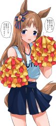 Rule 34 | 1girl, absurdres, animal ears, blue eyes, blush, brown hair, cheerleader, commentary request, grass wonder (umamusume), hair ribbon, highres, hitode (ziburi), horse ears, horse girl, horse tail, looking at viewer, open mouth, pom pom (cheerleading), ribbon, simple background, skirt, solo, tail, translation request, umamusume, white background