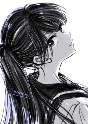 Rule 34 | 1girl, artist name, commentary request, grey background, long hair, looking at viewer, looking back, original, parted lips, ponytail, portrait, sailor collar, school uniform, shirt, signature, simple background, sketch, solo, sugano manami