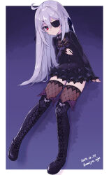 Rule 34 | 1girl, ahoge, arm support, bat ornament, black dress, black footwear, black ribbon, boots, border, borrowed character, commentary request, cross-laced footwear, dated, double-parted bangs, dress, expressionless, eyepatch, fishnet thighhighs, fishnets, fold-over boots, frilled dress, frills, full body, grey hair, hair ribbon, highres, komiya nigi, layered dress, long hair, long sleeves, looking at viewer, mearylis (yamanasi mikage), original, pale skin, red eyes, ribbon, short dress, sitting, solo, thigh boots, thighhighs, thighhighs under boots, white border, zettai ryouiki