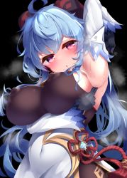 Rule 34 | 1girl, :o, ahoge, arm under breasts, arm up, armpits, black gloves, blue hair, blush, breasts, chinese knot, covered navel, detached sleeves, flower knot, ganyu (genshin impact), genshin impact, gloves, gold trim, heavy breathing, highres, horns, large breasts, long hair, looking at viewer, paid reward available, presenting armpit, purple eyes, sidelocks, solo, sweat, unowenf, upper body, vision (genshin impact), white sleeves