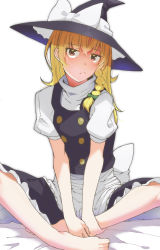 Rule 34 | 1girl, :/, apron, bad id, bad pixiv id, bare arms, barefoot, blonde hair, bow, braid, breasts, check commentary, closed mouth, commentary request, crossed legs, dress, frilled dress, frills, frown, glaring, hair between eyes, hair bow, hair over shoulder, hat, hat bow, head tilt, jitome, kirisame marisa, leg hold, long hair, looking at viewer, multicolored eyes, outline, pink eyes, puffy sleeves, short sleeves, side braid, sidelocks, single braid, sitting, small breasts, solo, spread legs, touhou, turtleneck, v arms, waist apron, white background, yani (nokori life1), yellow eyes