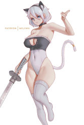 Rule 34 | 1girl, absurdres, animal ear fluff, animal ears, bare arms, bare shoulders, bell, black choker, blue eyes, breasts, cat cutout, cat ears, cat tail, choker, cleavage cutout, clothing cutout, covered navel, foot out of frame, frilled leotard, frills, full body, hair between eyes, highres, holding, holding sword, holding weapon, katana, large breasts, leotard, melowh, neck bell, nier (series), nier:automata, over-kneehighs, patreon username, short hair, simple background, solo, strapless, strapless leotard, sword, tail, thighhighs, thighs, two-tone leotard, weapon, white background, white hair, white thighhighs, 2b (nier:automata)