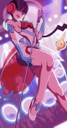 Rule 34 | 1girl, black hair, creatures (company), elesa (pokemon), elesa (sygna suit) (pokemon), game freak, gen 4 pokemon, gloves, highres, looking at viewer, microphone, microphone stand, nintendo, official alternate costume, open mouth, pokemon, pokemon (creature), pokemon masters ex, rotom, rotom (normal), smile, stage, stage lights, vivivoovoo