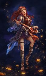 Rule 34 | 1girl, blue eyes, blush, breasts, curly hair, divinity: original sin 2, eyeshadow, fingernails, freckles, grin, highres, instrument, lips, lohse, looking at viewer, lute (instrument), lying, makeup, multicolored hair, nail polish, nude, red hair, red nails, shiny skin, short hair, smile, white hair