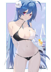 Rule 34 | 1girl, absurdres, arms behind back, azur lane, bikini, blue hair, blue nails, blush, breasts, bridge, cleavage, cocktail glass, cowboy shot, criss-cross halter, cup, drinking glass, drinking straw, flower, groin, hair between eyes, hair flower, hair ornament, halterneck, helena (azur lane), helena (shimmering triangle wave) (azur lane), highres, holding own arm, jiuxiaocan yin, large breasts, leaning to the side, legs apart, long hair, looking at viewer, looking down, medium breasts, nail polish, navel, outdoors, purple eyes, skin tight, smile, solo, swimsuit, two-tone bikini, very long hair, white flower