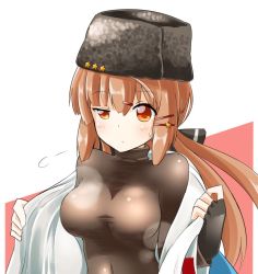 Rule 34 | 1girl, blush, bow, breasts, brown eyes, brown hair, closed mouth, fur hat, hair between eyes, hair ornament, hairclip, hat, kantai collection, long hair, long sleeves, looking at viewer, medium breasts, papakha, pia (botamochinjufu), red eyes, shirt, simple background, solo, star (symbol), tashkent (kancolle), twintails, upper body, white background