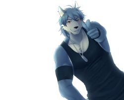 Rule 34 | 1boy, animal ears, armband, black armband, black shirt, black wristband, blush, commentary request, dog boy, dog ears, finger gun, furry, furry male, hand on own hip, jewelry, kouya aotsuki, looking at viewer, male focus, morenatsu, muscular, muscular male, necklace, one eye closed, pectoral cleavage, pectorals, pointing, pointing at viewer, sen fuuka, shirt, smile, toned, white background, yellow eyes