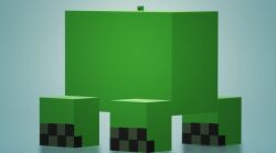 Rule 34 | blue background, commentary, creeper, gradient background, minecraft, no humans, reflection, reflective floor, sattou, sidelighting, simple background, small head, solo, voxel art