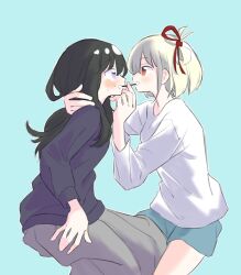 Rule 34 | 2girls, black hair, black shirt, blonde hair, blue background, blue shorts, blush, commentary request, cowboy shot, eye contact, food, grey skirt, hair ribbon, hand on another&#039;s neck, highres, inoue takina, long hair, long sleeves, looking at another, lycoris recoil, medium hair, multiple girls, nervous sweating, nishikigi chisato, one side up, open mouth, pocky, pocky kiss, purple eyes, red eyes, red ribbon, ribbon, shared food, shirt, shorts, simple background, skirt, smile, sweat, syonosuke9573, white shirt, yuri