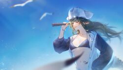 Rule 34 | 1girl, arknights, bikini, bird, black bikini, black jacket, blue sky, breasts, dated, eyewear on head, gavial (arknights), gavial the invincible (arknights), green hair, hand in pocket, hand up, hat, highres, holding, jacket, long hair, long sleeves, medium breasts, moozsilent, navel, official alternate costume, one eye closed, open clothes, open jacket, outdoors, parted lips, pointy ears, seagull, sky, solo, spyglass, stomach, sunglasses, swimsuit, tricorne, underboob, upper body, white hat, yellow eyes