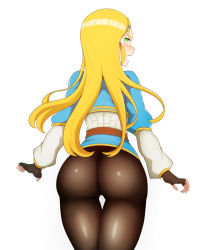 Rule 34 | 1girl, angry, ass, blonde hair, blush, danut, fingerless gloves, from behind, gloves, green eyes, highres, long hair, looking at viewer, looking back, nintendo, open mouth, pants, pointy ears, princess zelda, shiny clothes, shirt, solo, the legend of zelda, the legend of zelda: breath of the wild, tight clothes, tight pants, very long hair