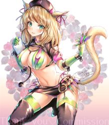 Rule 34 | animal ears, belt, between fingers, bikini, blonde hair, blush, boots, breasts, cat ears, cat tail, clipboard, commission, cosplay, covered erect nipples, facial mark, fate/grand order, fate (series), final fantasy, final fantasy xiv, florence nightingale (fate), florence nightingale (fate) (cosplay), florence nightingale (trick or treatment) (fate), gloves, green bikini, green eyes, green gloves, green thighhighs, hat, highres, holding, holding syringe, large breasts, layered bikini, looking at viewer, medium hair, microskirt, mii@chiffonx, miqo&#039;te, navel, nurse cap, official alternate costume, pink belt, purple bikini, revealing clothes, rubber gloves, shrug (clothing), signature, skirt, slit pupils, squatting, stethoscope, swimsuit, syringe, tail, thighhighs, thighhighs under boots, warrior of light (ff14), watermark, whisker markings