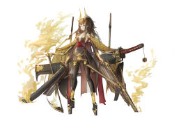 Rule 34 | 1girl, absurdres, bandages, bare shoulders, breasts, brown hair, brown thighhighs, chain, cloak, closed mouth, detached sleeves, expressionless, eyelashes, fire, fireexpressionless, full body, gold chain, gradient hair, high heels, highres, holding, holding sword, holding weapon, horns, japanese clothes, jewelry, katana, long hair, looking away, magic, multicolored hair, original, outstretched arms, pendant, pixiv fantasia, red eyes, sa&#039;yuki, shoes, sickle, simple background, skeleton, solo, standing, sword, thighhighs, traditional clothes, warrior, watermark, weapon, white background, wings, zettai ryouiki