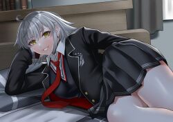 Rule 34 | 1girl, absurdres, ahoge, blush, breasts, fate/grand order, fate (series), grey hair, grin, highres, indoors, jeanne d&#039;arc alter (avenger) (fate), jeanne d&#039;arc alter (fate), large breasts, long sleeves, looking at viewer, looking back, lying, on side, school uniform, short hair, skirt, smile, solo, tomotomow00w, yellow eyes