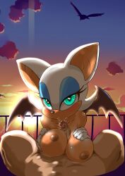 Rule 34 | bat wings, elbow gloves, fellatio, furry, furry female, furry with non-furry, gloves, highres, interspecies, oral, paizuri, pointing, pointing at viewer, rouge the bat, sonic (series), wings