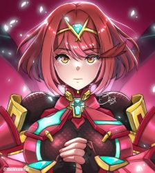 Rule 34 | 1girl, alternate eye color, black gloves, bob cut, breasts, closed mouth, earrings, fingerless gloves, gloves, glowing, highres, jewelry, looking at viewer, meowyin, pyra (xenoblade), red background, red hair, short hair, solo, swept bangs, tiara, xenoblade chronicles (series), xenoblade chronicles 2, yellow eyes