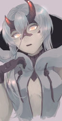 Rule 34 | 1girl, absurdres, abyssal ship, asymmetrical horns, black gloves, breasts, cropped torso, gloves, hagioshi, heavy cruiser princess, highres, hood, hood down, horns, jacket, kantai collection, medium breasts, open clothes, open jacket, pale skin, parted lips, short hair with long locks, simple background, sleeveless, solo, uneven horns, upper body, white hair, white jacket, yellow eyes