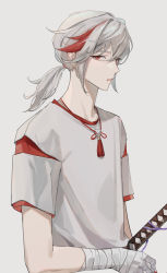 Rule 34 | 1boy, 41097772s, absurdres, bandaged arm, bandaged hand, bandages, genshin impact, grey background, grey hair, hair between eyes, highres, japanese clothes, jewelry, kaedehara kazuha, katana, looking at viewer, male focus, multicolored hair, necklace, parted lips, ponytail, short sleeves, simple background, solo, streaked hair, sword, tassel, upper body, weapon