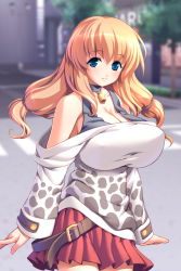 Rule 34 | 1girl, animal print, bell, belt, blonde hair, blue eyes, blush, breasts, casual, cleavage, collar, cow print, cowbell, game cg, gunner-l, highres, hinata nanami, huge breasts, long hair, nanami hinata, neck bell, non-web source, off shoulder, oppai baka, outdoors, pleated skirt, red hair, skirt, smile, solo, twintails