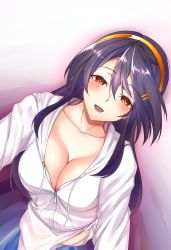 Rule 34 | 1girl, absurdres, bikini, breasts, brown eyes, cleavage, commentary request, hair between eyes, hair ornament, hairband, hairclip, haruna (kancolle), highres, kantai collection, large breasts, long hair, looking at viewer, open mouth, orange hairband, purple hair, smile, solo, sweater, swimsuit, utsumi karmin, white bikini, white sweater