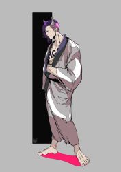 Rule 34 | 1boy, barefoot, from side, go 21g, hair over one eye, horns, japanese clothes, male focus, one piece, page one (one piece), purple hair, simple background, solo, tattoo